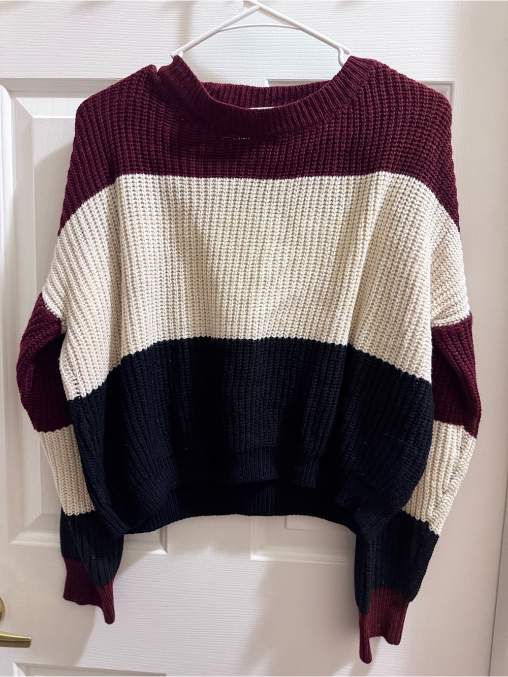 ROMWE Burgundy, Cream & Black Colorblock Crewneck Sweater